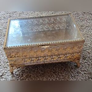 Vintage Antique Gilt Filigree Velvet Lined Beveled Glass Jewelry Box 6"x4"